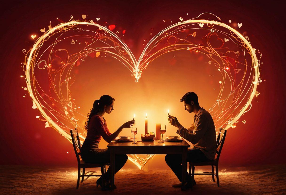 A cozy, intimate scene depicting a couple enjoying a candlelit dinner, surrounded by symbols of connection like intertwined hearts and sparking energy lines. The background reflects a warm palette of reds and golds, enhancing the feeling of passion and love. Include subtle tools representing communication and trust, such as an open notebook and heart-shaped key. Emphasize warmth and closeness. vibrant colors. soft focus.