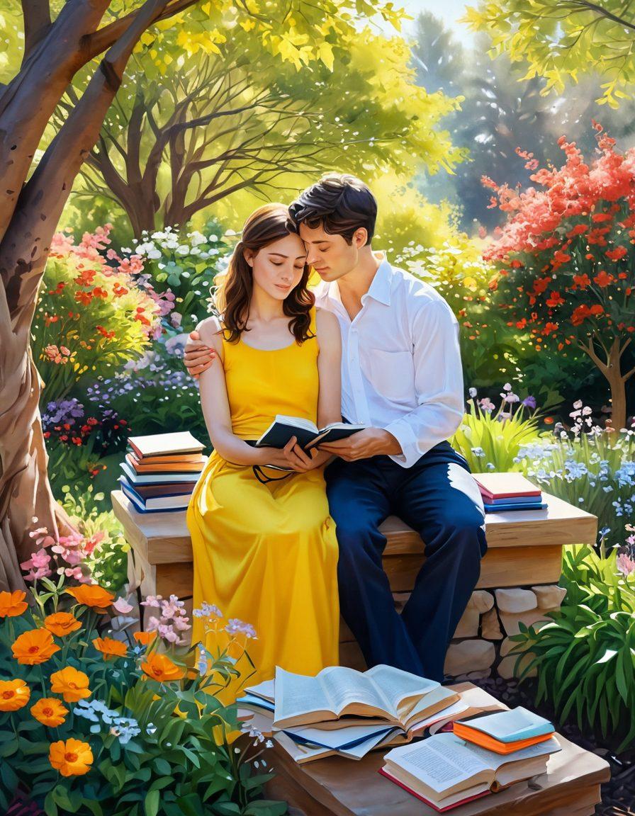 A serene couple embracing in a blossoming garden, surrounded by self-improvement tools like books and journals, soft sunlight filtering through the trees, signifying growth and intimacy. Warm colors and a peaceful atmosphere enhance the sense of connection. painting. vibrant colors.