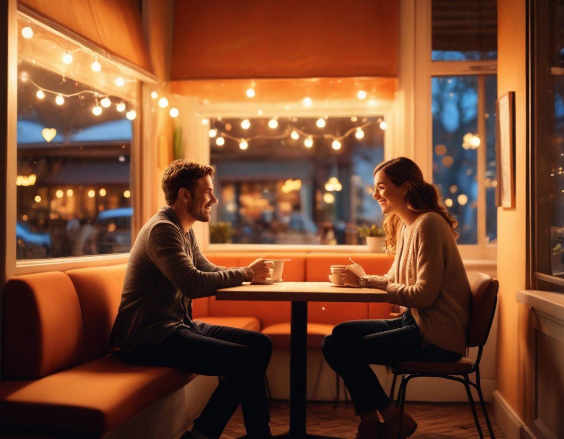 A warm and inviting scene of a couple sitting at a cozy café table, engaged in animated conversation with glowing expressions. Soft lighting enhances their connection, with subtle heart patterns in the background and elements symbolizing communication such as speech bubbles or notes. The couple should represent diverse backgrounds, fostering inclusivity. romantic, vibrant colors, soft focus.